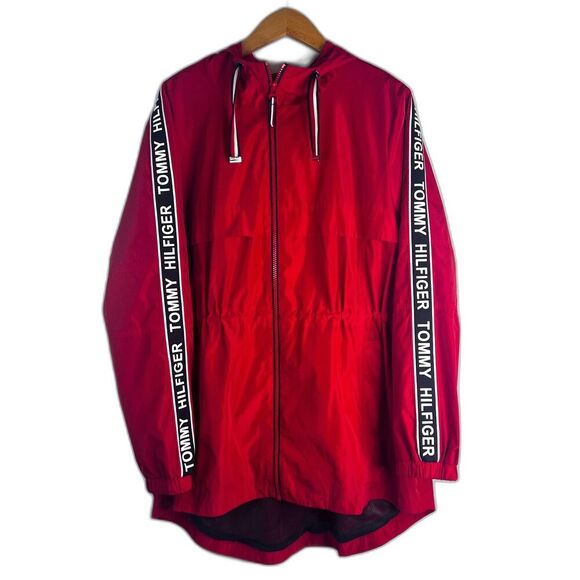 Tommy Hilfiger Logo Red Hooded Drawstring Waist Windbreaker Full Zip Size XL - Picture 1 of 13